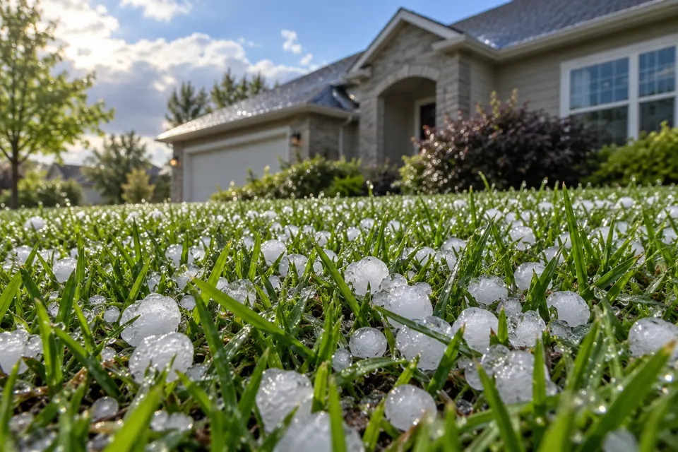 Generated illustration of a residential roofline after hail.