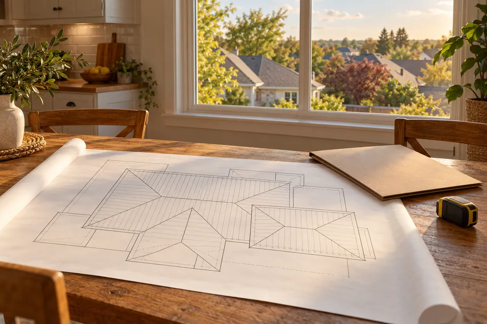 Generated illustration of a residential roof plan and folder.